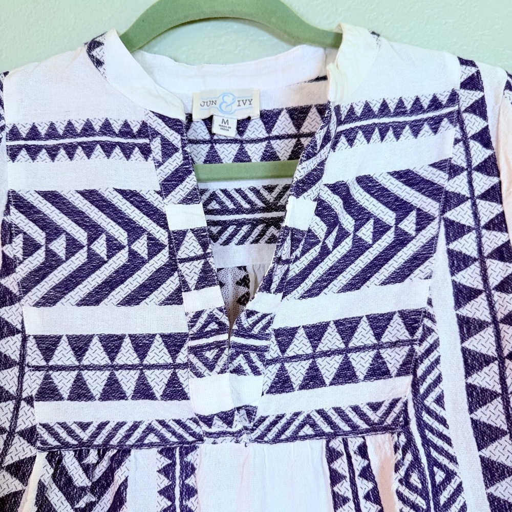 Jun & Ivy Cotton Mediterranean Blue White Notch V Neck Ruffle Hem Bohemian Top M - Picture 4 of 9